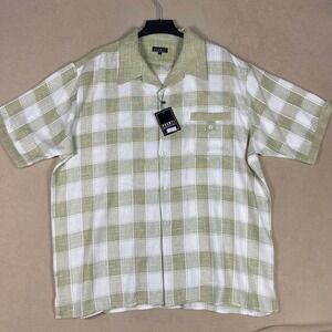 Pronti Shirt Mens 3XL Green White Plaid Short Sleeve Camp Collar Button Up 8331